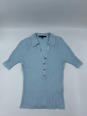 White House Black Market Cashmere Blend  Blue Ribbed Polo Button-Front Top M